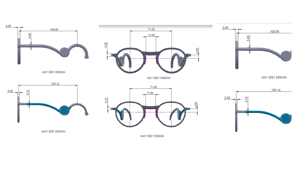 CAD dimensions showing design evolution