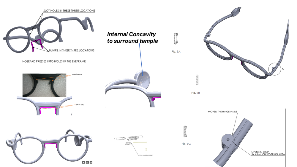Internal engineering details — concavity, nose pads, hinge placement