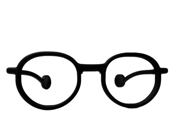 Classic Jaybs front view — real matte black prototype with round lenses and temple disc pads