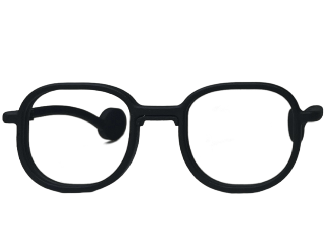 Modern Jaybs front view — real matte black prototype with squircle lenses and temple disc pads