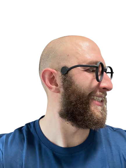 Real wearer of Jaybs patented eyeframe — no-ear spectacles, side profile