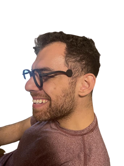 Real wearer of Jaybs innovative eyeframe — patented disc pad on temple