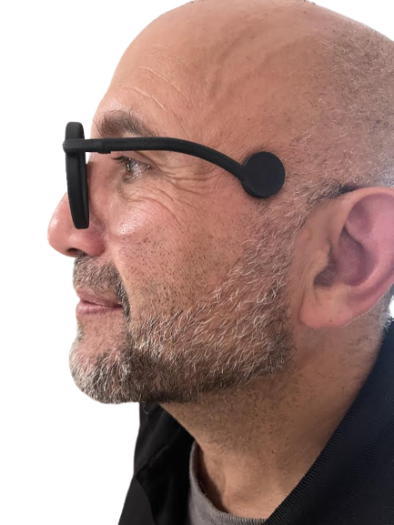 Real wearer of Jaybs Modern spectacles — no-ear glasses profile view